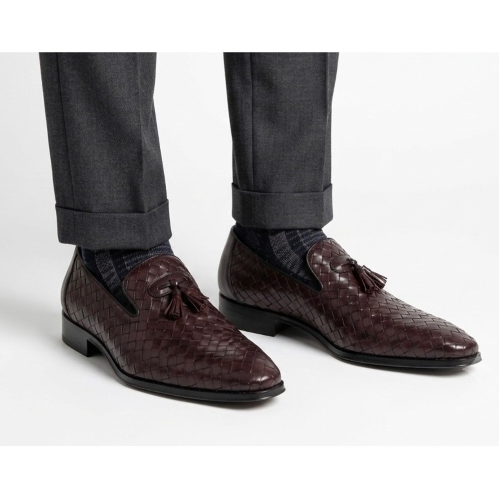 Paul Fredrick Mens Burgundy Woven Leather Tassel Loafers Made in Italy  11.5